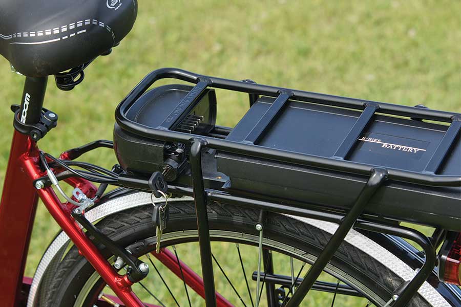 e-bike battery on the back of a bike